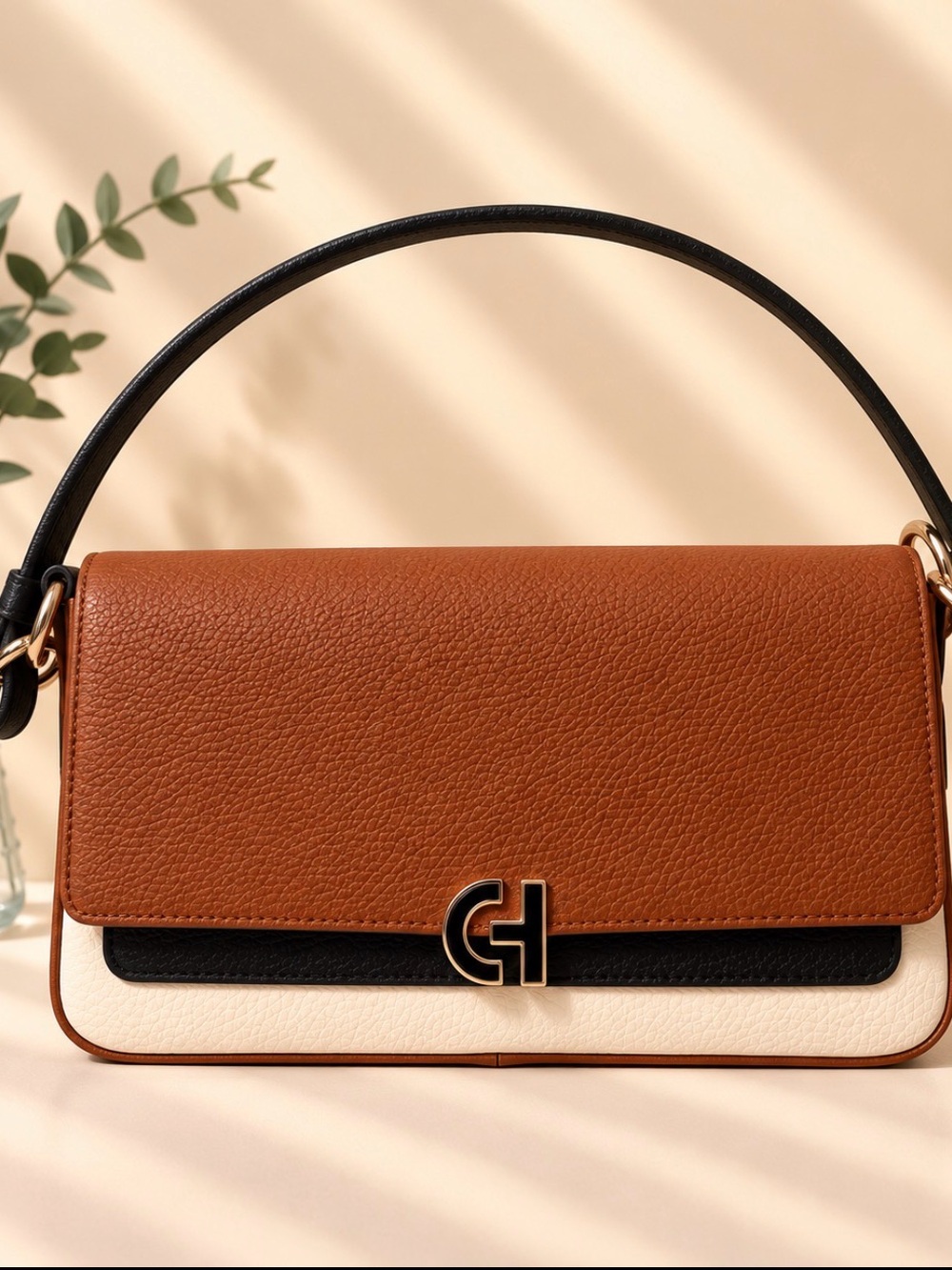 Leather Shoulder Bag in Brown, Black & Cream